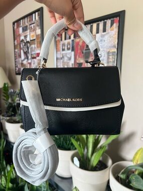 Michael Kors Black Satchel with White Trim and Gold Hardware